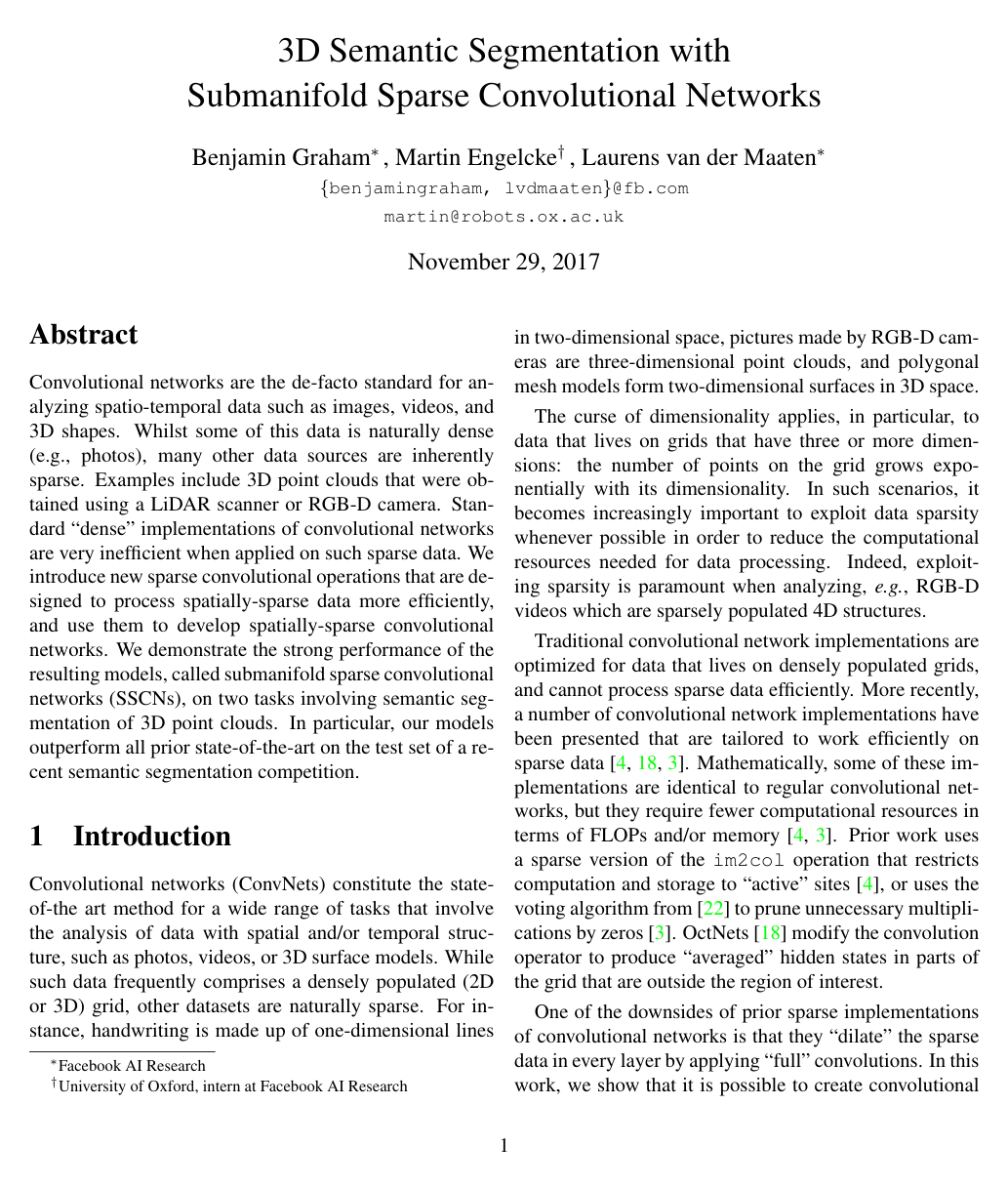 Cover for 3D Semantic Segmentation with Submanifold Sparse Convolutional Networks