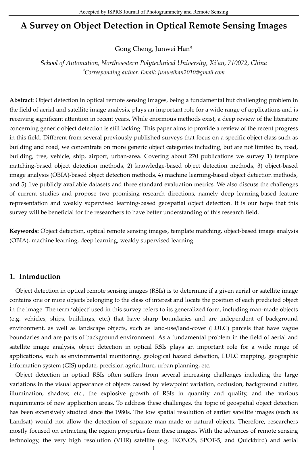 A Survey on Object Detection in Optical Remote Sensing Images