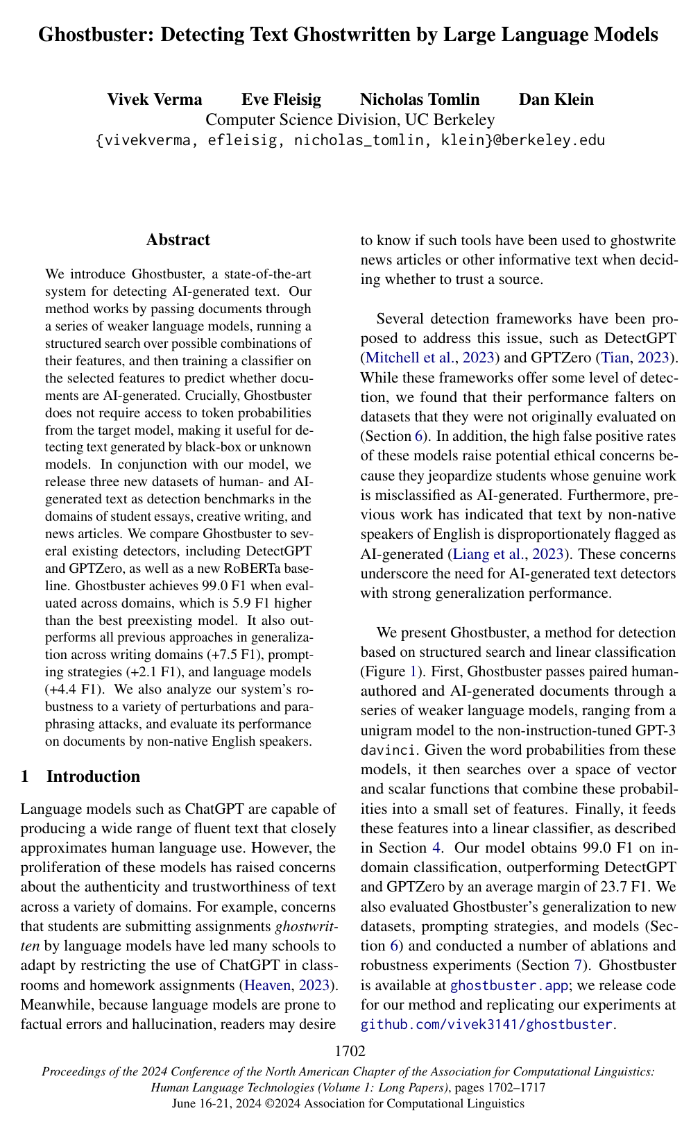 Ghostbuster: Detecting Text Ghostwritten by Large Language Models