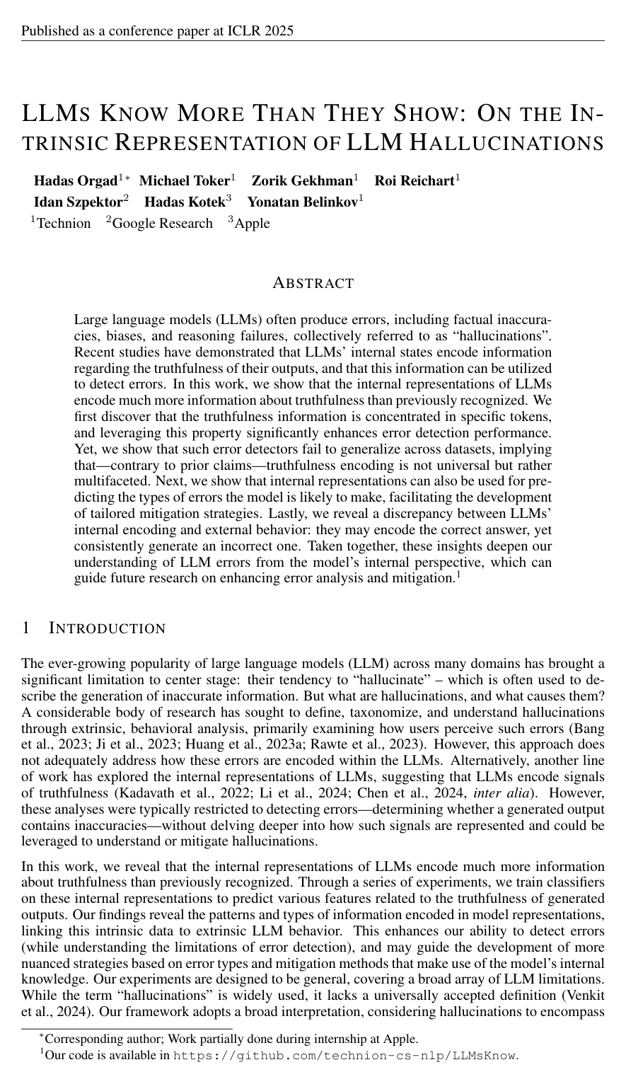 LLMs Know More Than They Show: On the Intrinsic Representation of LLM Hallucinations