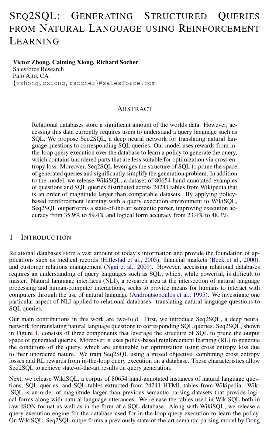 Cover for Seq2SQL: Generating Structured Queries from Natural Language using Reinforcement Learning