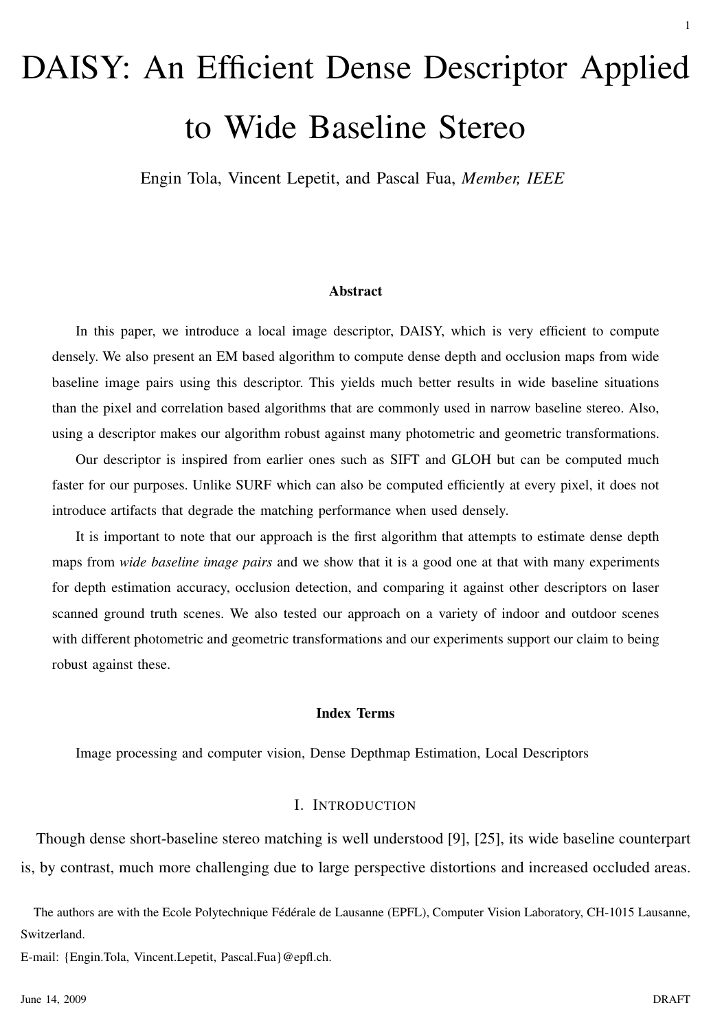 DAISY: An Efficient Dense Descriptor Applied to Wide-Baseline Stereo