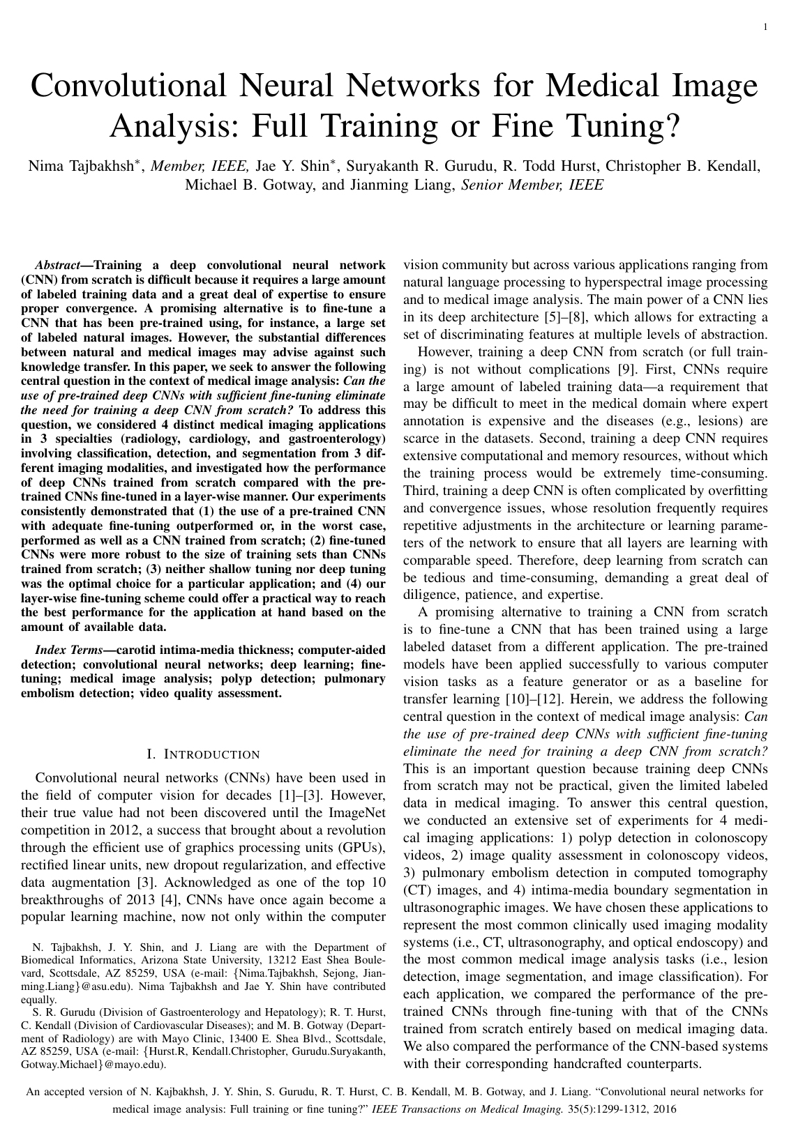 Cover for Convolutional Neural Networks for Medical Image Analysis: Full Training or Fine Tuning?