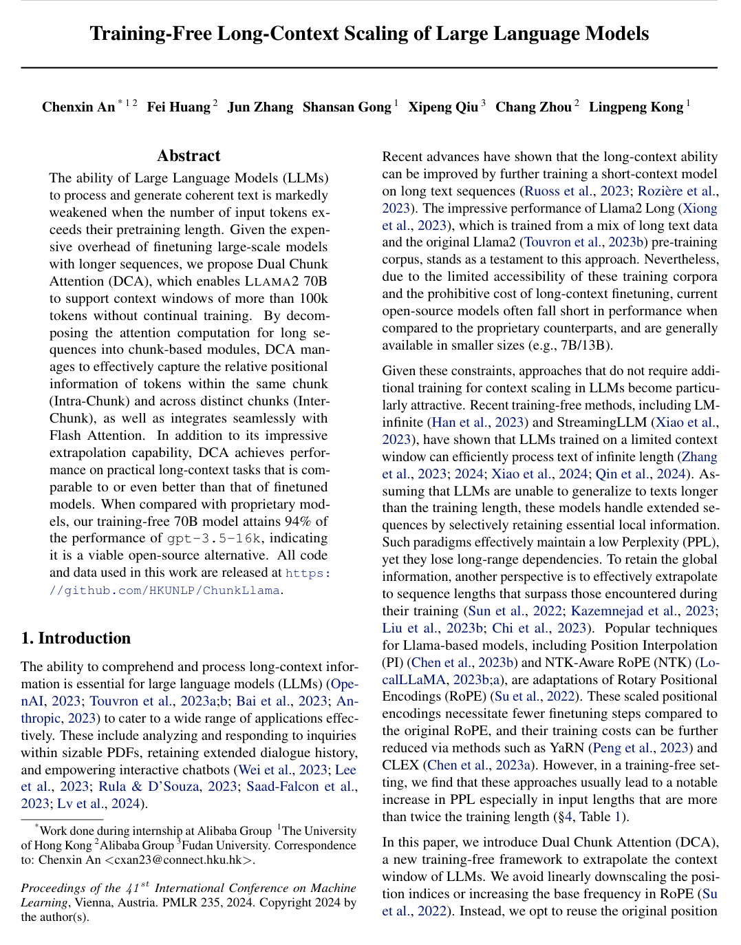 Training-Free Long-Context Scaling of Large Language Models