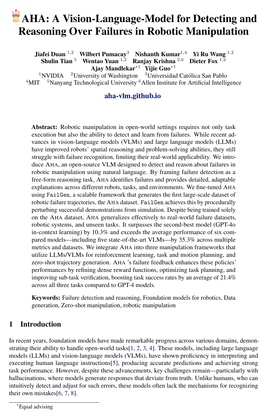 Cover for AHA: A Vision-Language-Model for Detecting and Reasoning Over Failures in Robotic Manipulation