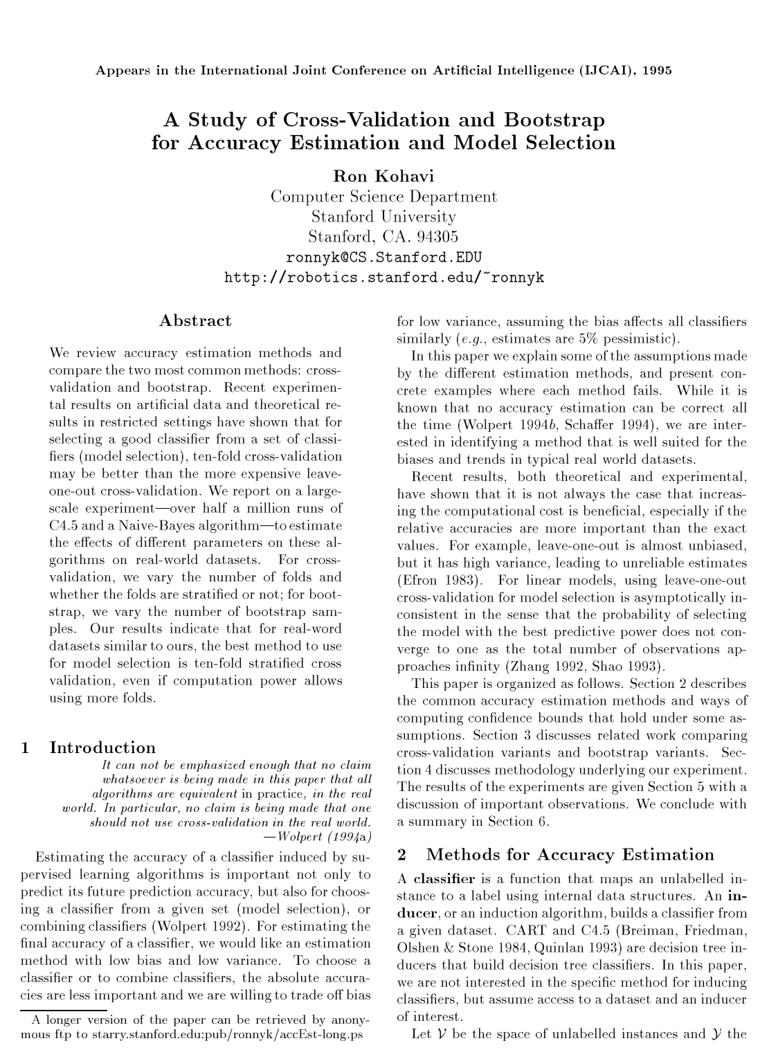 A Study of Cross-Validation and Bootstrap for Accuracy Estimation and Model Selection