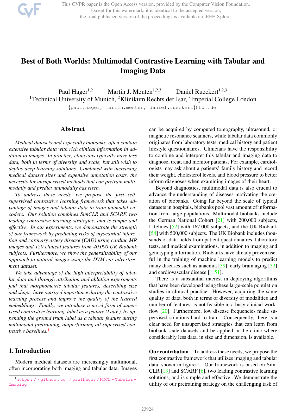 Best of Both Worlds: Multimodal Contrastive Learning with Tabular and Imaging Data