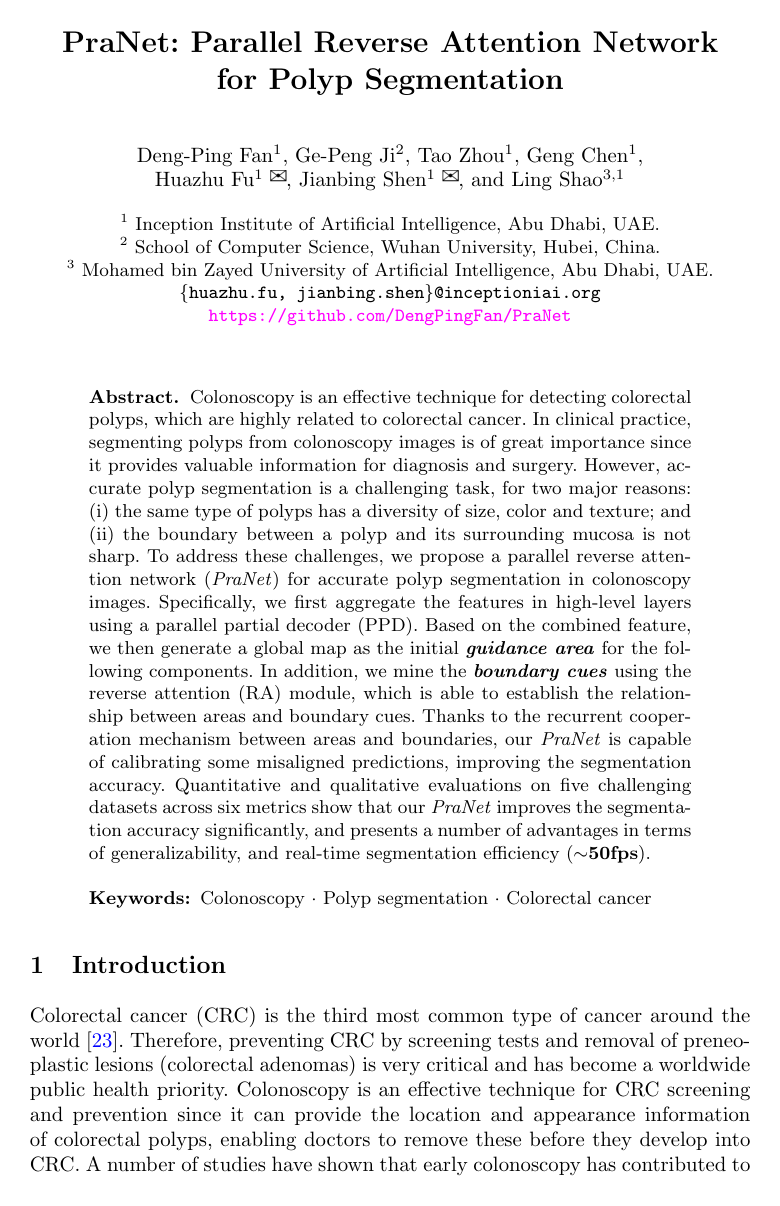 Cover for PraNet: Parallel Reverse Attention Network for Polyp Segmentation