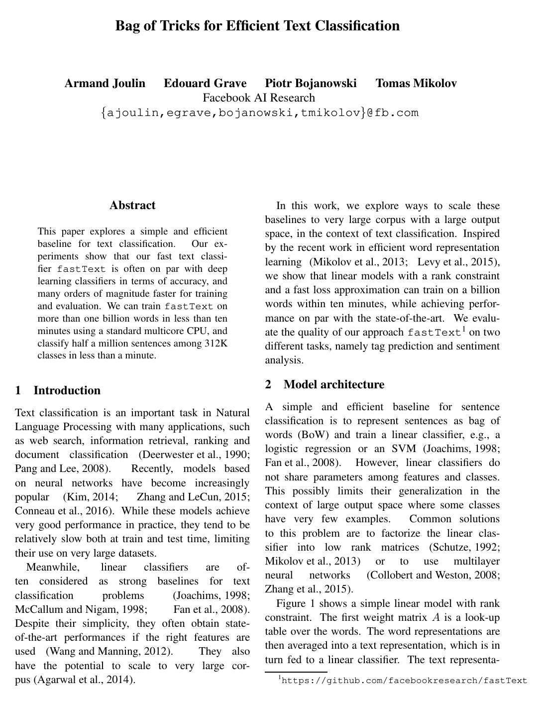Bag of Tricks for Efficient Text Classification