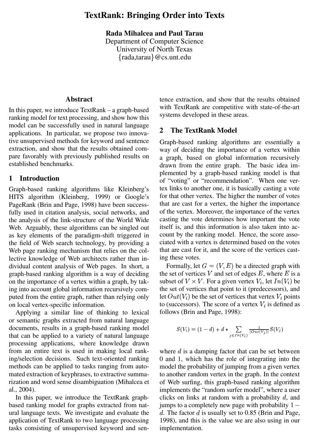 TextRank: Bringing Order into Text