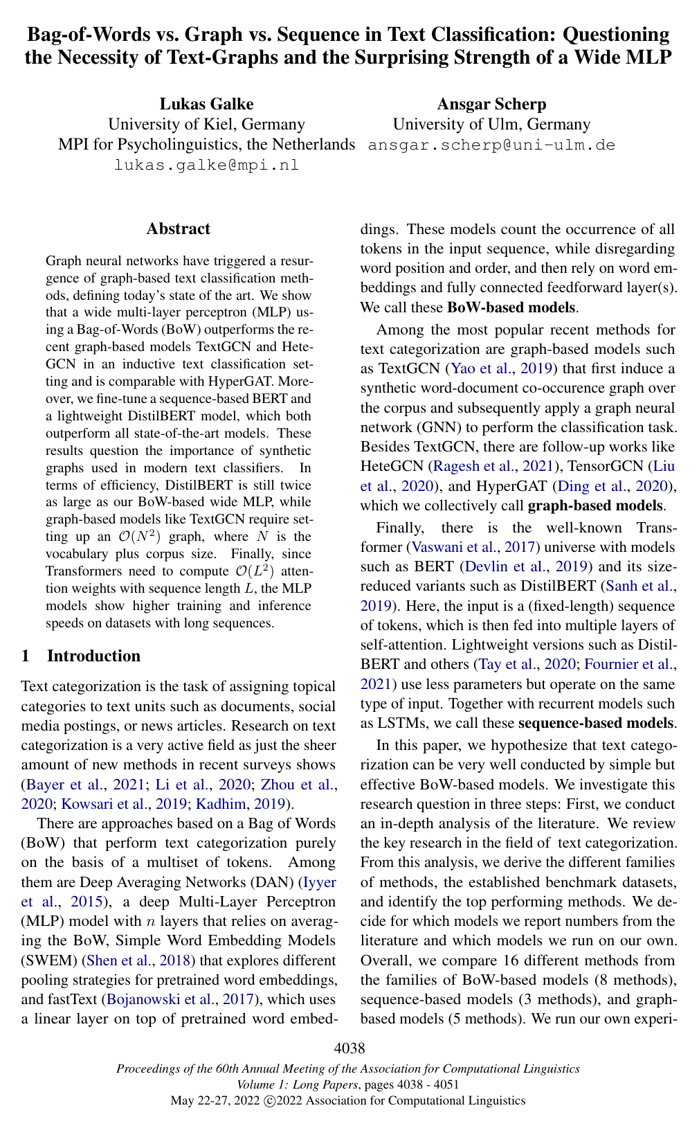 Bag-of-Words vs. Graph vs. Sequence in Text Classification: Questioning the Necessity of Text-Graphs and the Surprising Strength of a Wide MLP