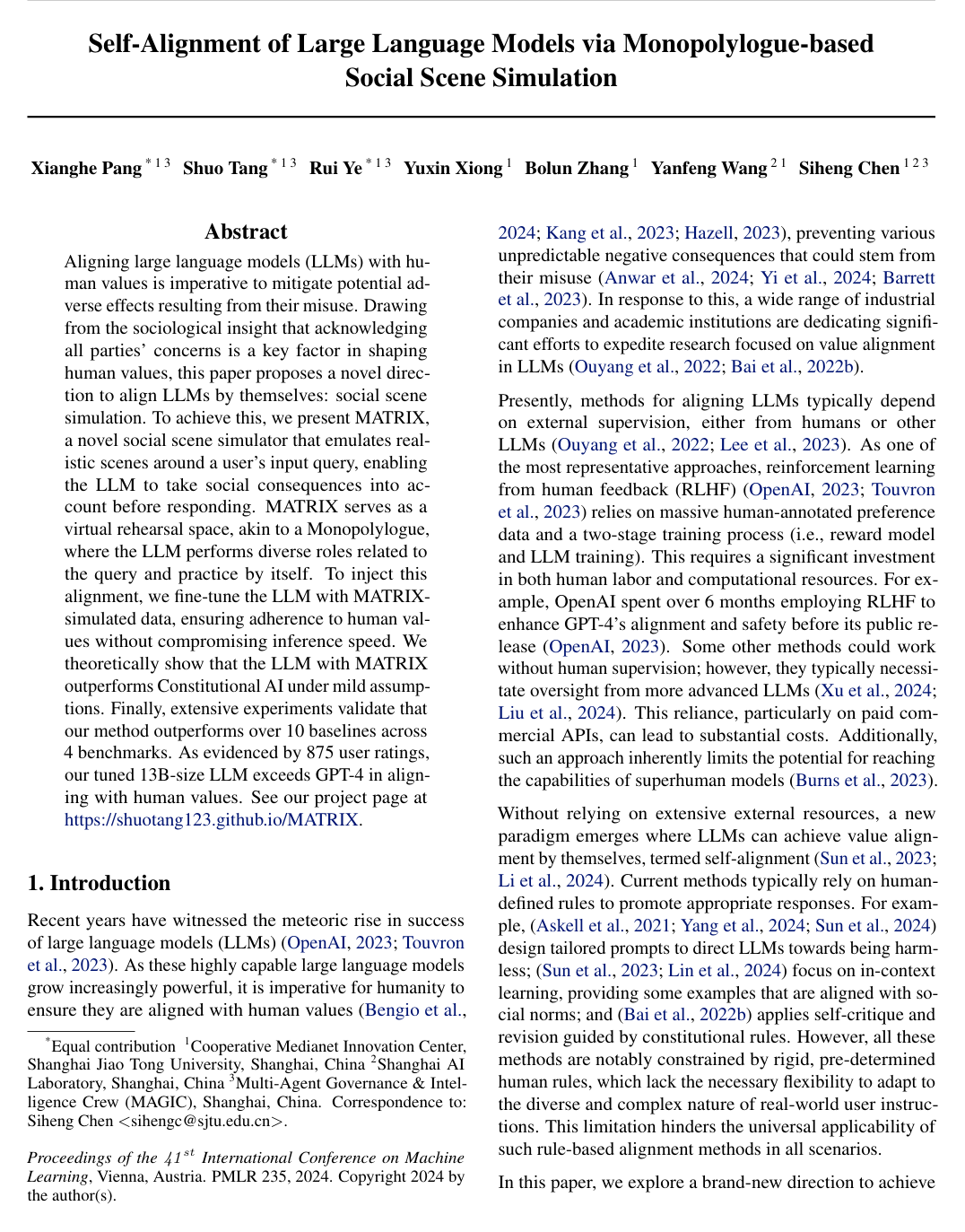 Cover for Self-Alignment of Large Language Models via Monopolylogue-based Social Scene Simulation