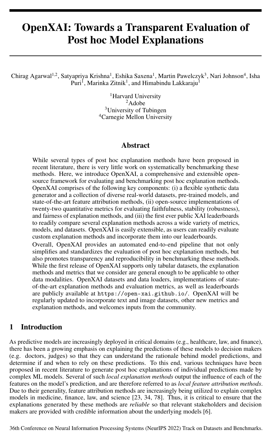 Cover for OpenXAI: Towards a Transparent Evaluation of Model Explanations
