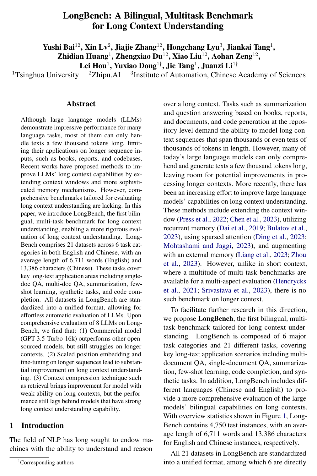 LongBench: A Bilingual, Multitask Benchmark for Long Context Understanding
