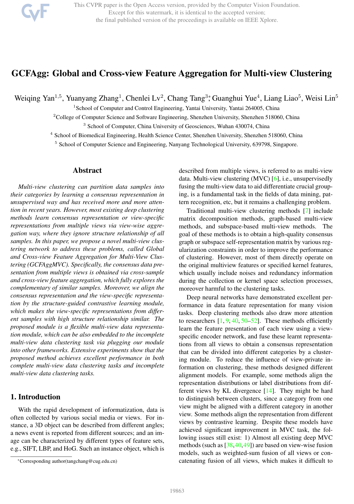 GCFAgg: Global and Cross-View Feature Aggregation for Multi-View Clustering