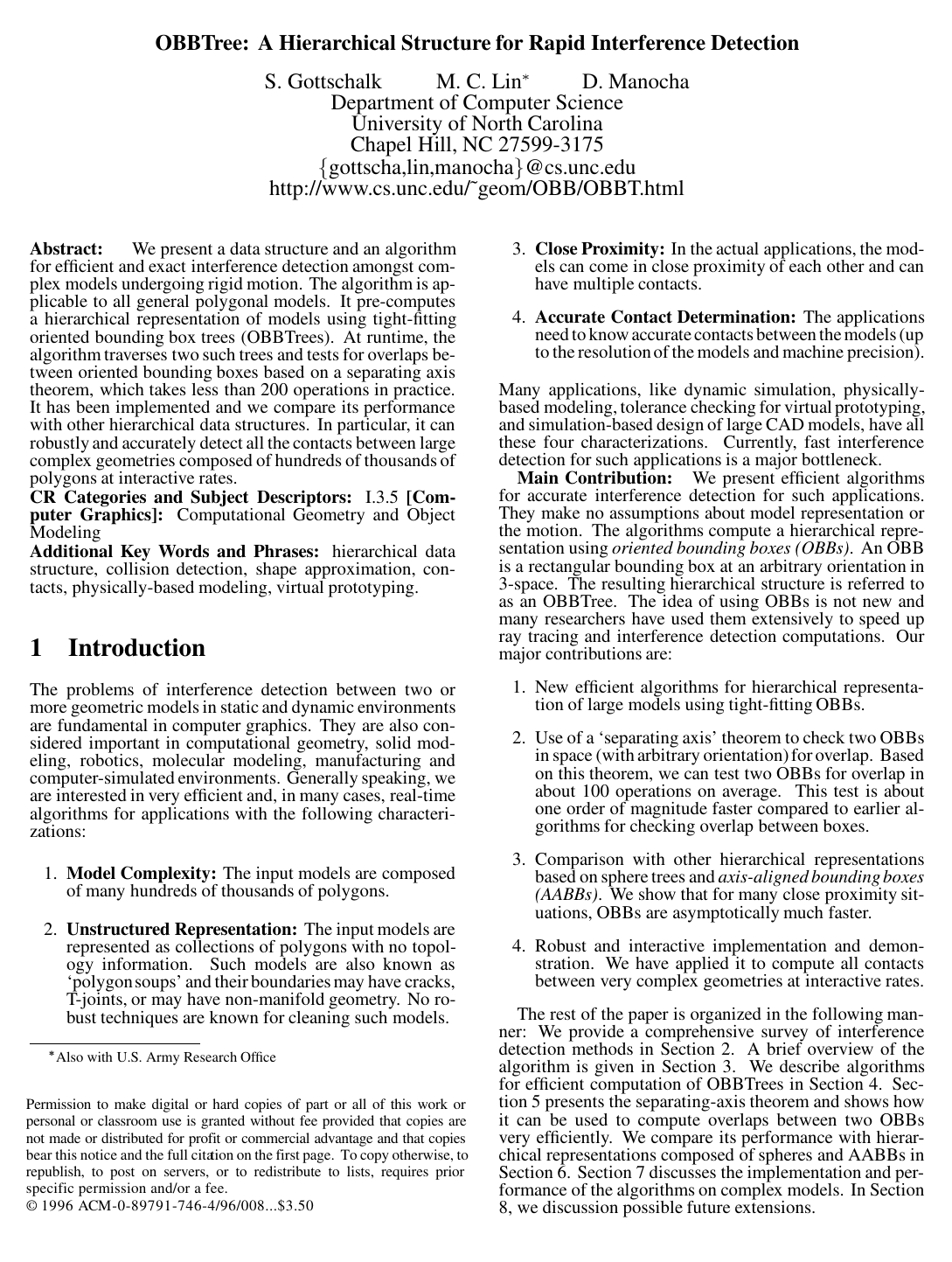 Cover for OBBTree: a hierarchical structure for rapid interference detection