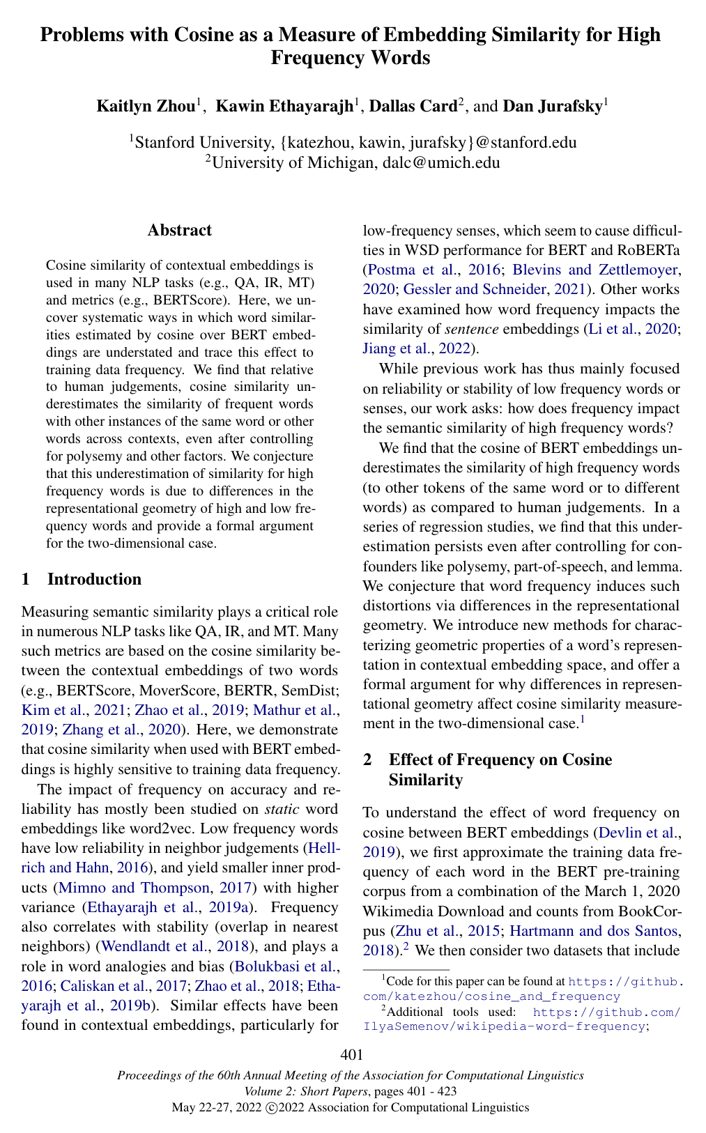 Problems with Cosine as a Measure of Embedding Similarity for High Frequency Words