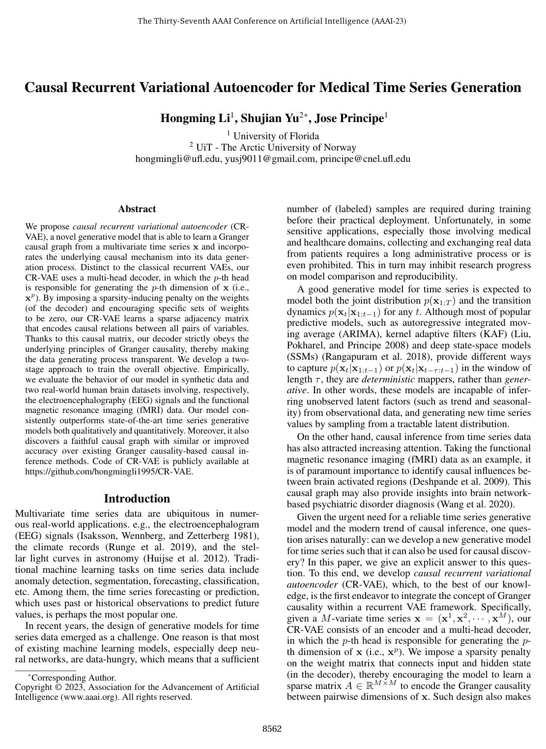 Causal Recurrent Variational Autoencoder for Medical Time Series Generation