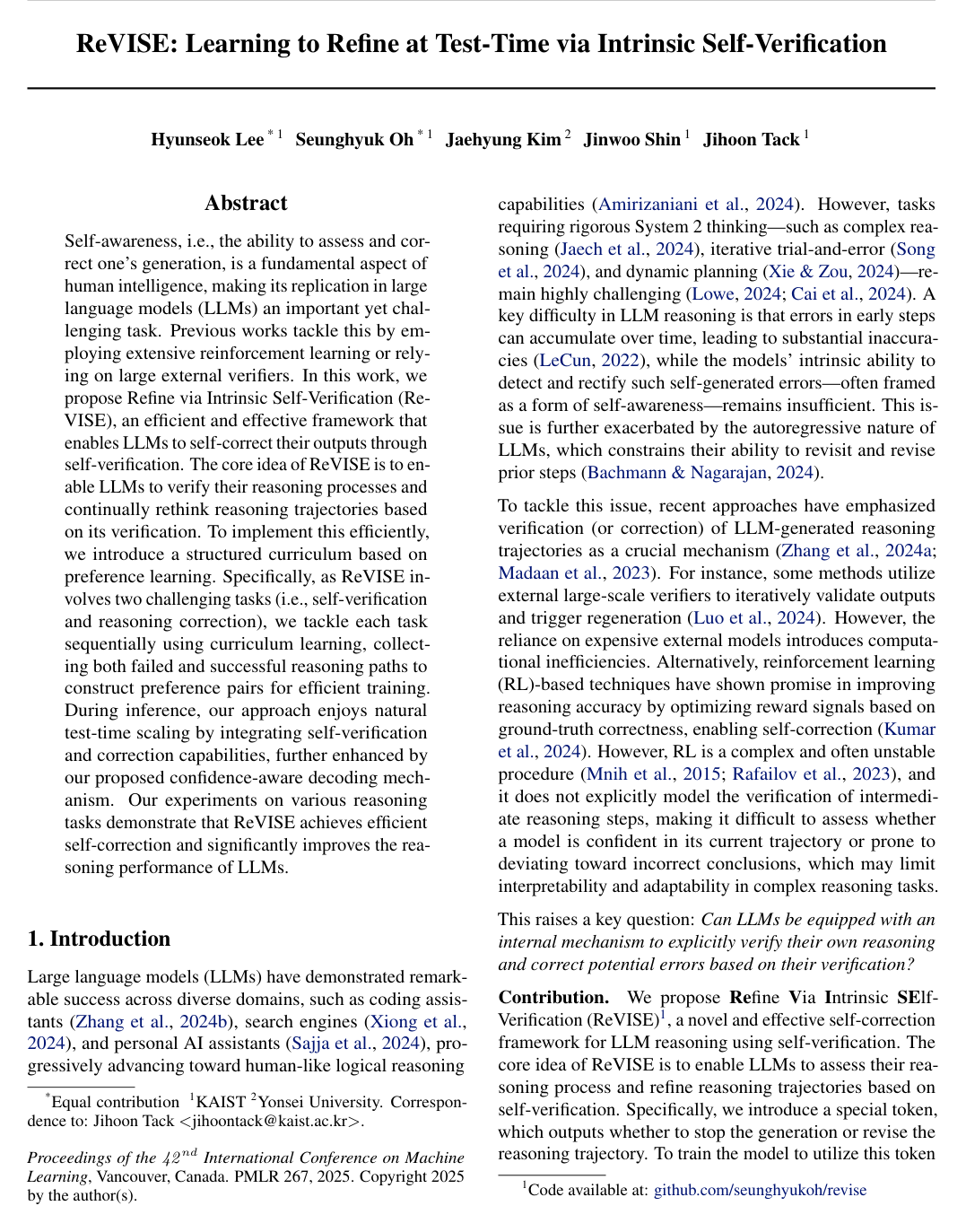 ReVISE: Learning to Refine at Test-Time via Intrinsic Self-Verification