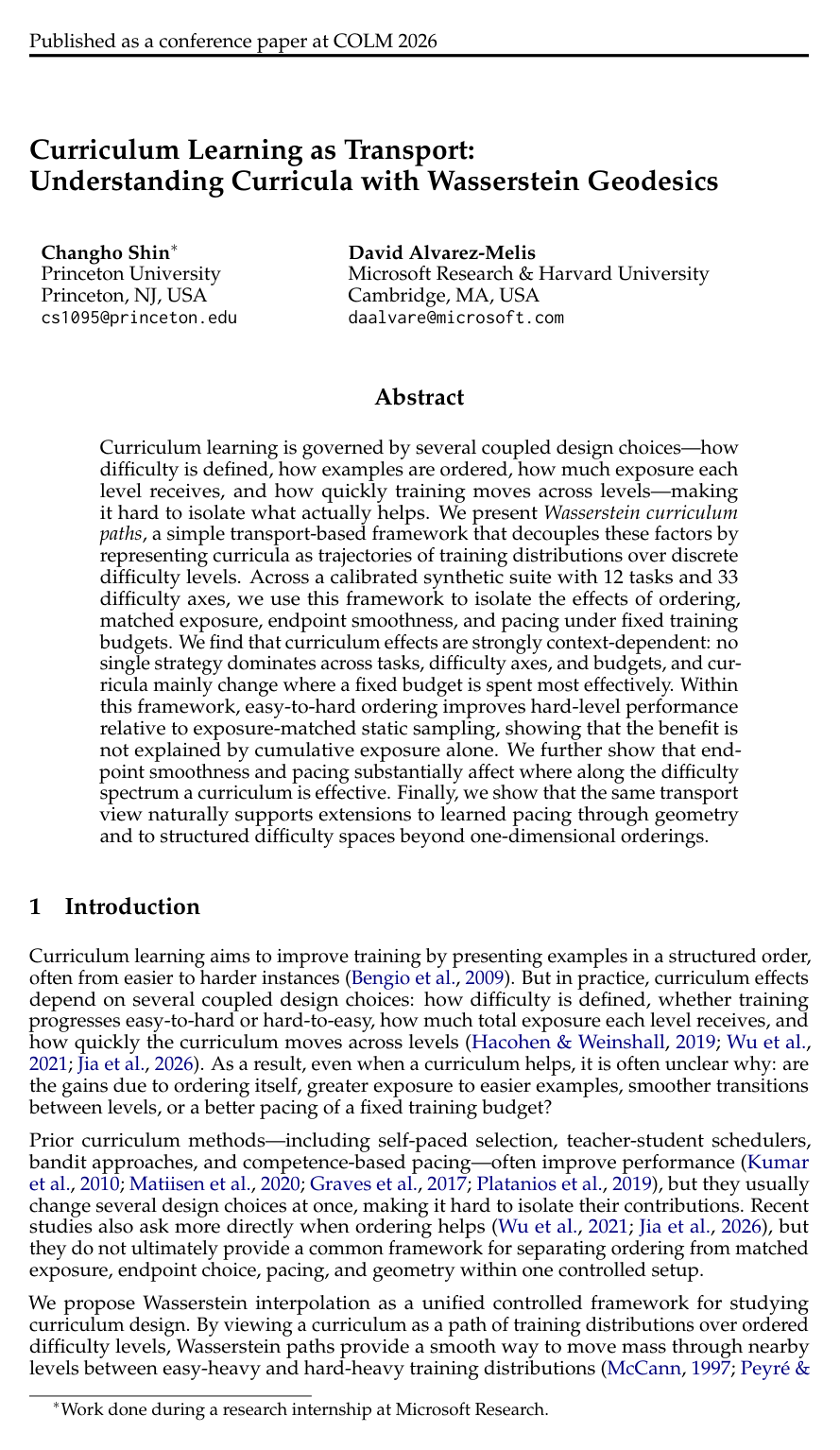 Curriculum Learning as Transport: Understanding Curricula with Wasserstein Geodesics
