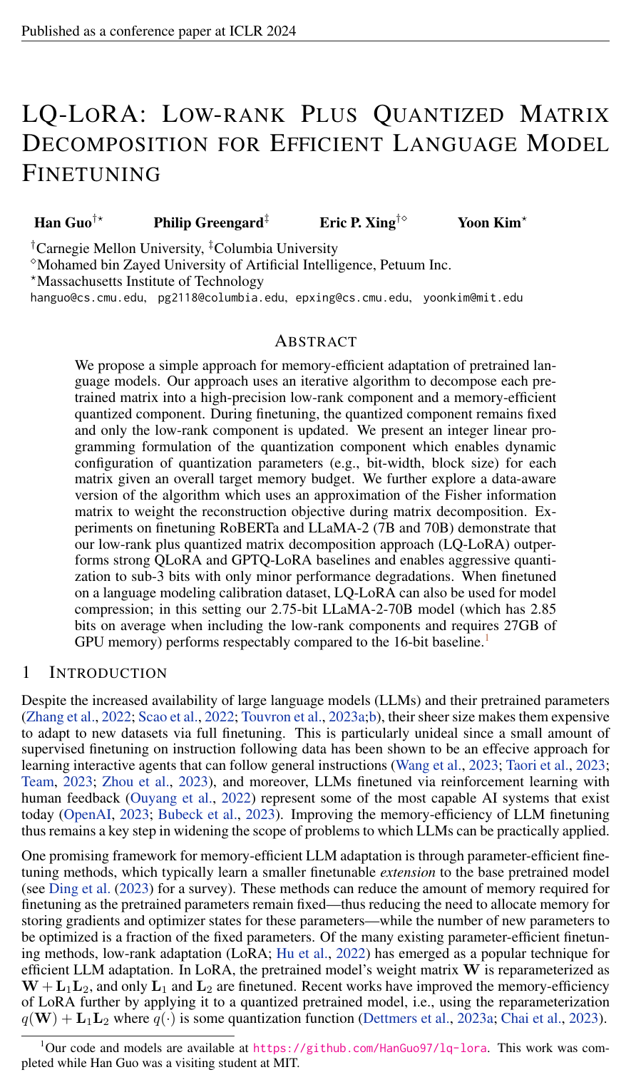 Cover for LQ-LoRA: Low-rank plus Quantized Matrix Decomposition for Efficient Language Model Finetuning