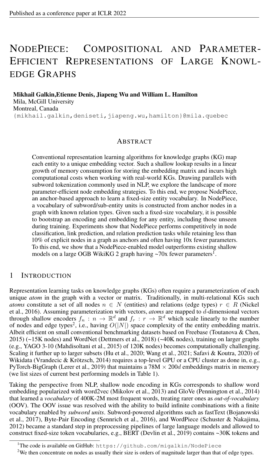 Cover for NodePiece: Compositional and Parameter-Efficient Representations of Large Knowledge Graphs