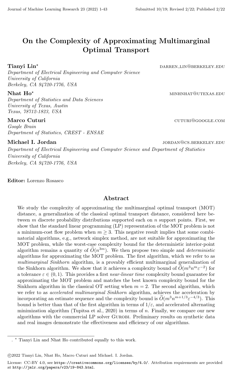 Cover for On the Complexity of Approximating Multimarginal Optimal Transport