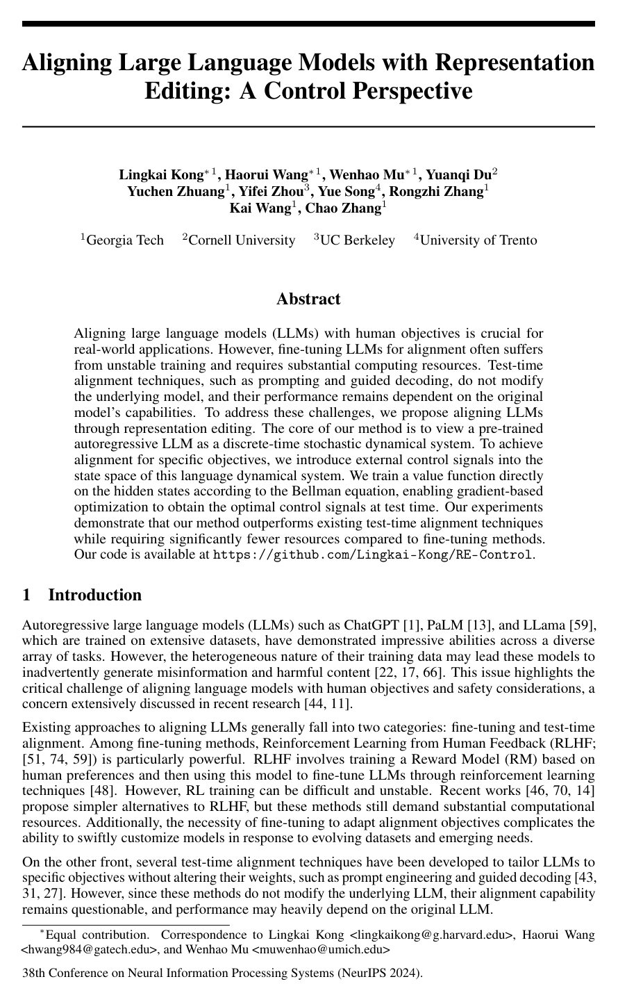 Aligning Large Language Models with Representation Editing: A Control Perspective