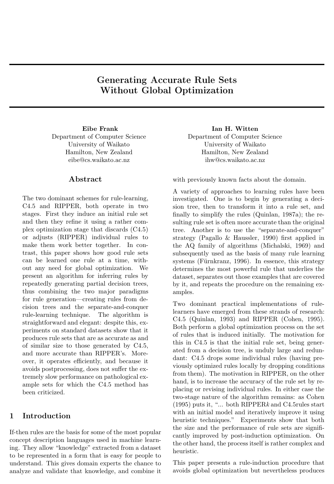 Generating Accurate Rule Sets Without Global Optimization