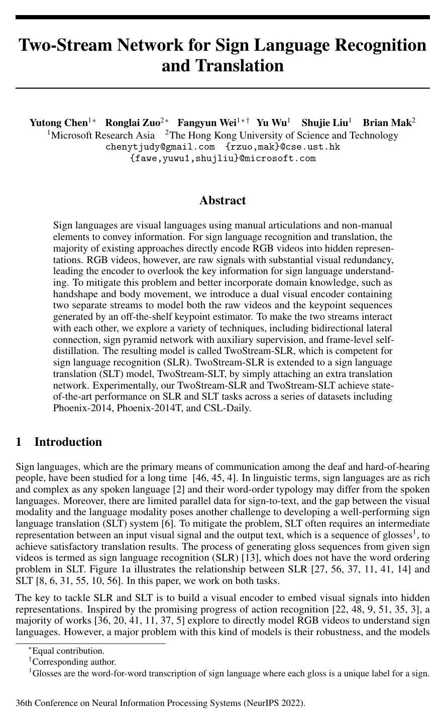 Two-Stream Network for Sign Language Recognition and Translation