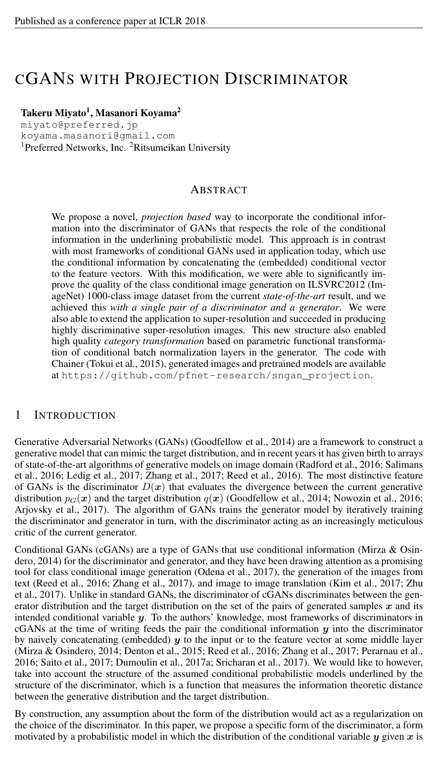 cGANs with Projection Discriminator