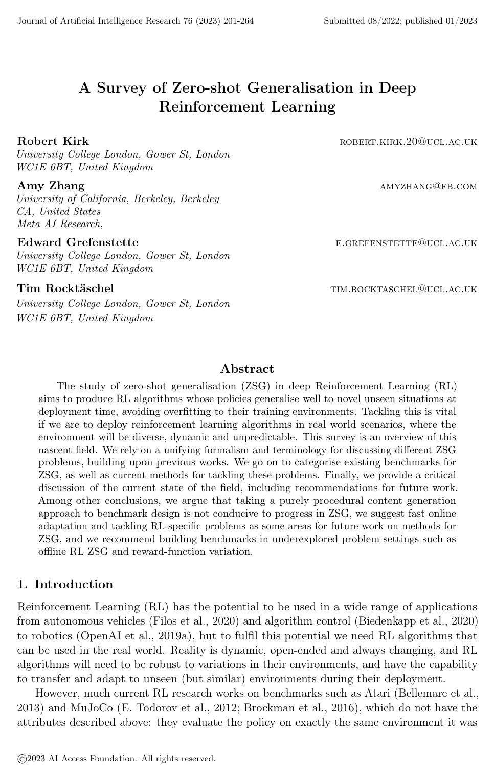 A Survey of Zero-shot Generalisation in Deep Reinforcement Learning