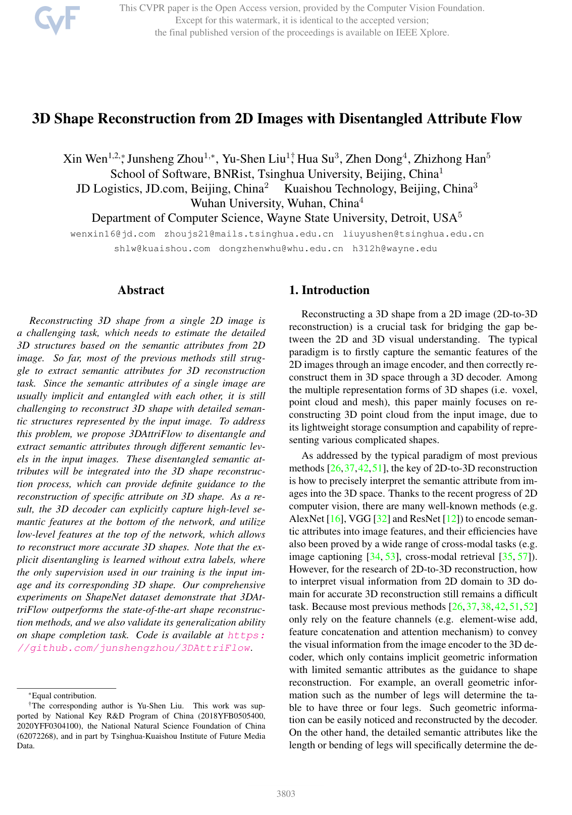 3D Shape Reconstruction from 2D Images with Disentangled Attribute Flow