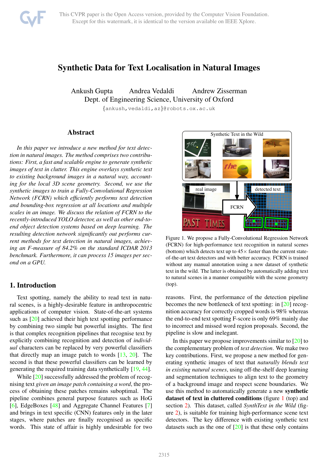 Cover for Synthetic Data for Text Localisation in Natural Images