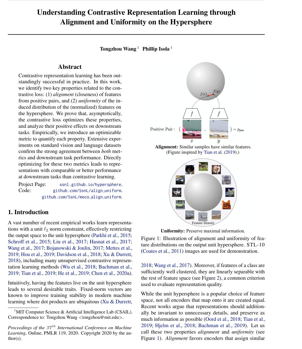 Understanding Contrastive Representation Learning through Alignment and Uniformity on the Hypersphere