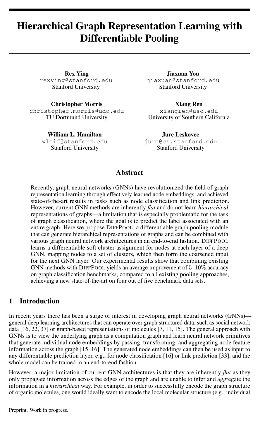 Hierarchical graph representation learning with differentiable pooling