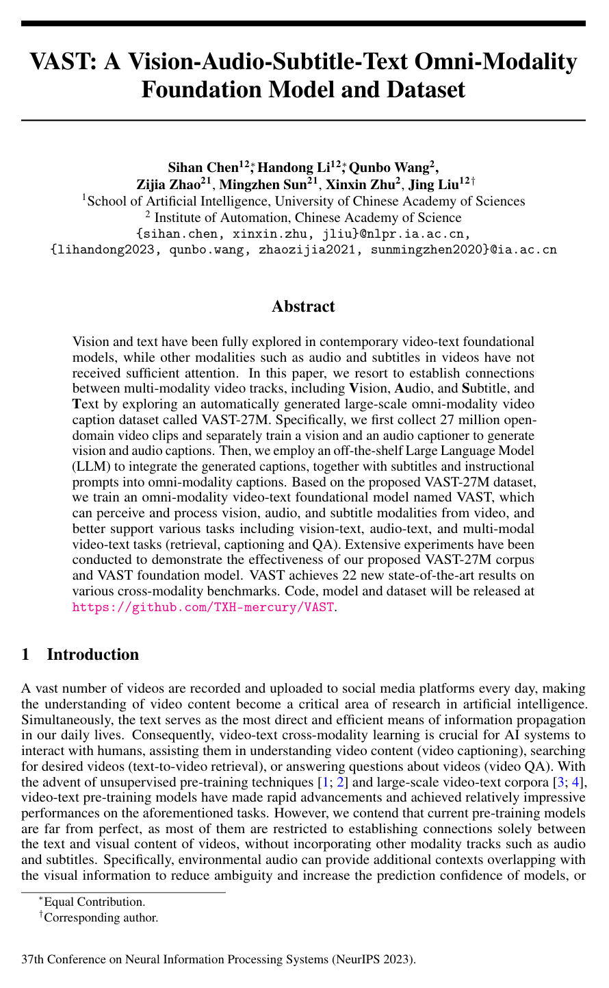 VAST: A Vision-Audio-Subtitle-Text Omni-Modality Foundation Model and Dataset