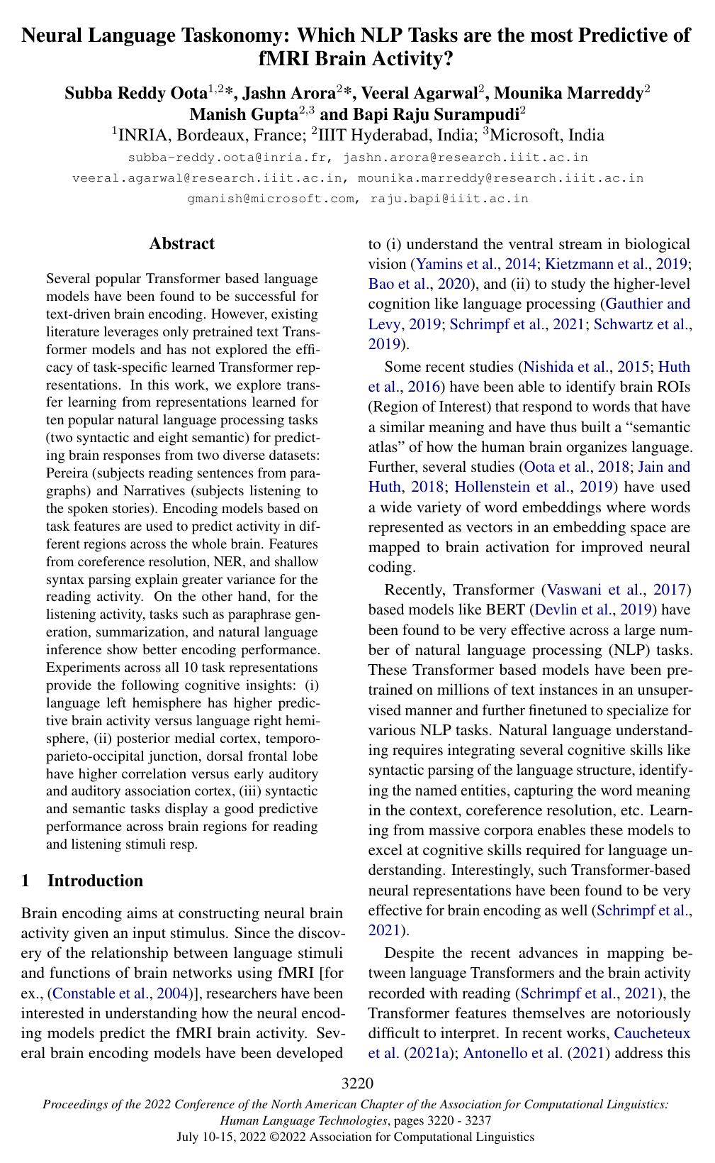 Neural Language Taskonomy: Which NLP Tasks are the most Predictive of fMRI Brain Activity?