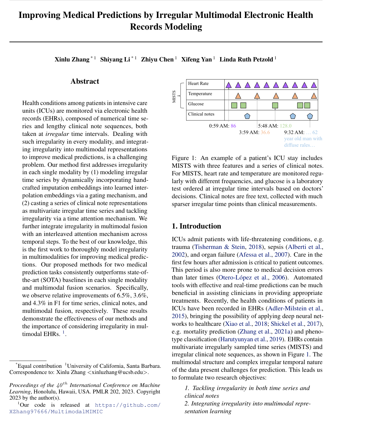 Improving Medical Predictions by Irregular Multimodal Electronic Health Records Modeling