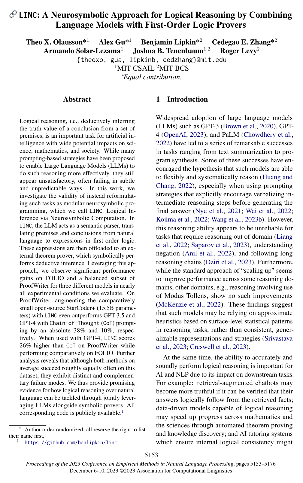 Cover for LINC: A Neurosymbolic Approach for Logical Reasoning by Combining Language Models with First-Order Logic Provers