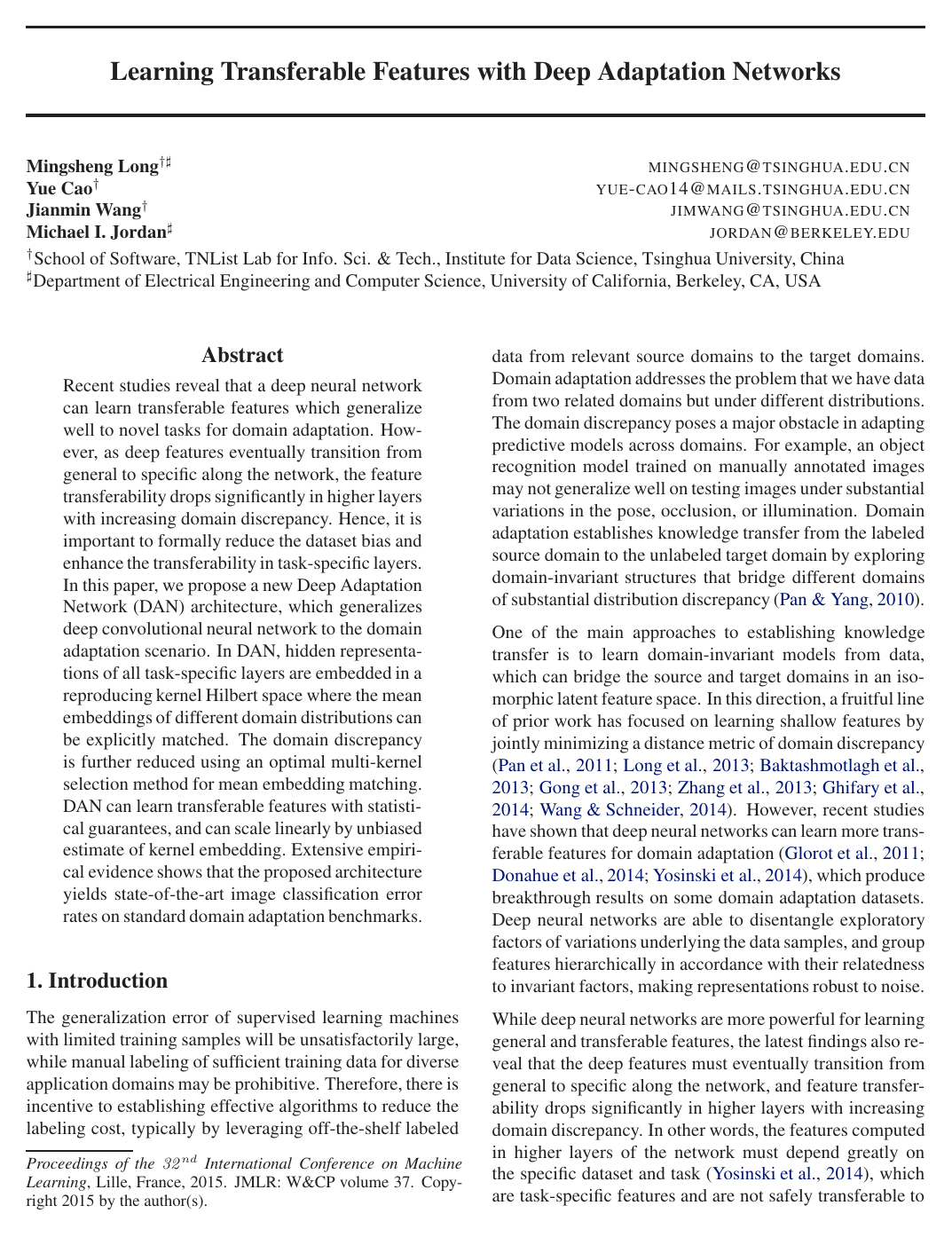 Learning Transferable Features with Deep Adaptation Networks