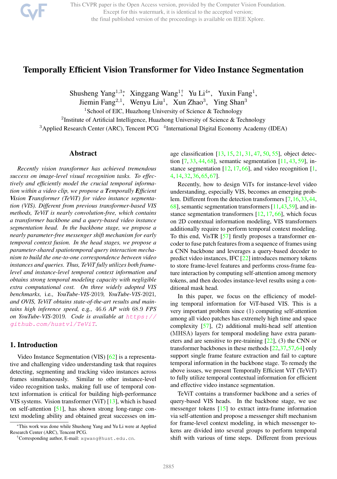 Temporally Efficient Vision Transformer for Video Instance Segmentation