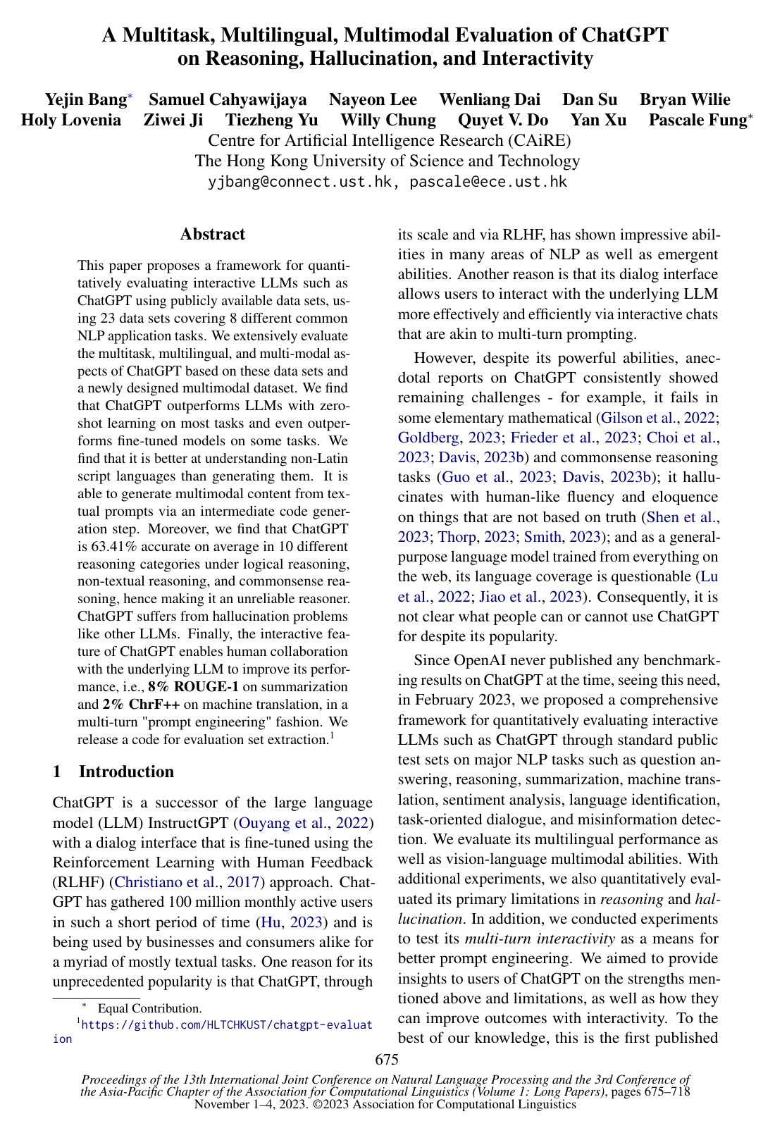 Cover for A Multitask, Multilingual, Multimodal Evaluation of ChatGPT on Reasoning, Hallucination, and Interactivity