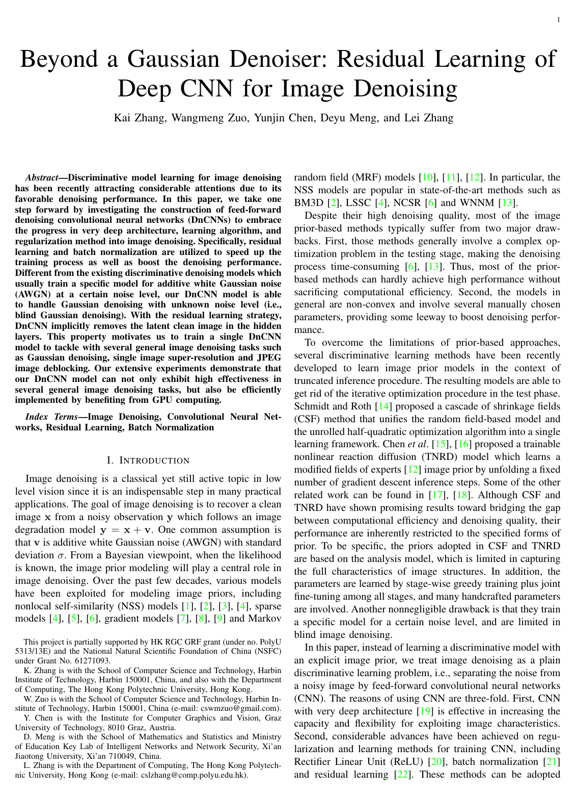 Beyond a Gaussian Denoiser: Residual Learning of Deep CNN for Image Denoising