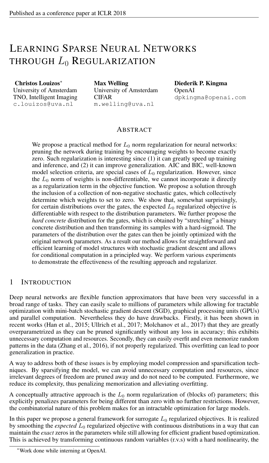 Learning Sparse Neural Networks through L0 Regularization