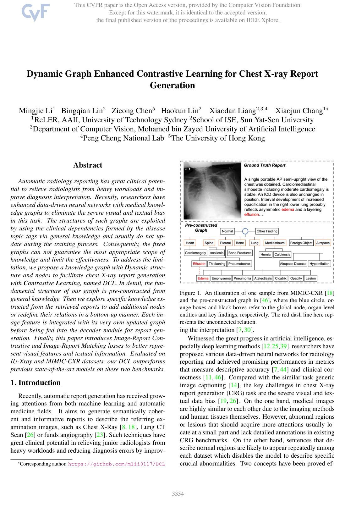 Dynamic Graph Enhanced Contrastive Learning for Chest X-Ray Report Generation