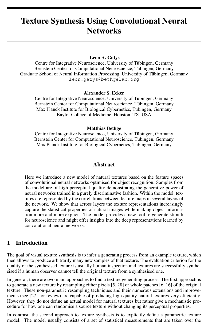 Cover for Texture Synthesis Using Convolutional Neural Networks