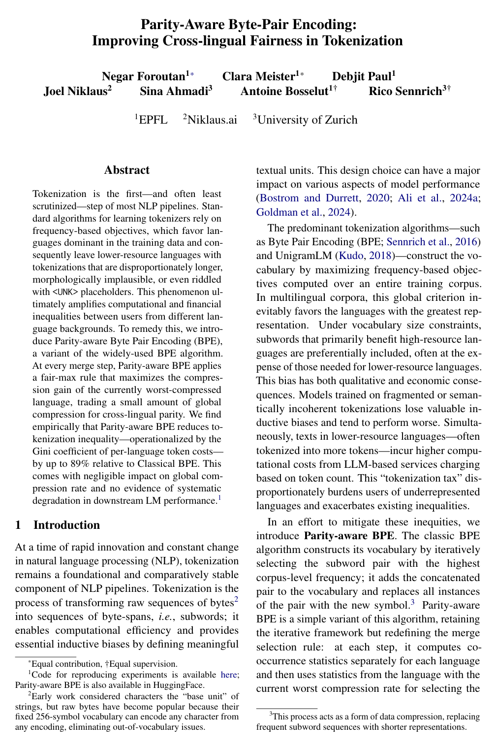 Parity-Aware Byte-Pair Encoding: Improving Cross-lingual Fairness in Tokenization