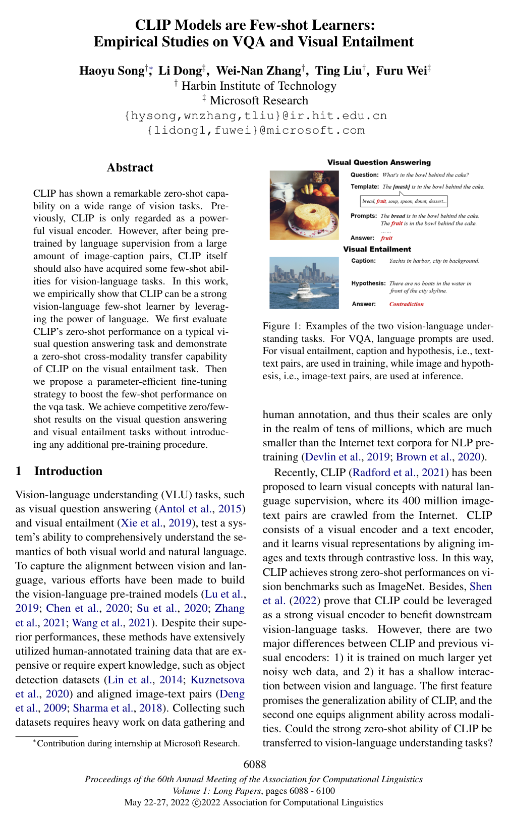 CLIP Models are Few-Shot Learners: Empirical Studies on VQA and Visual Entailment