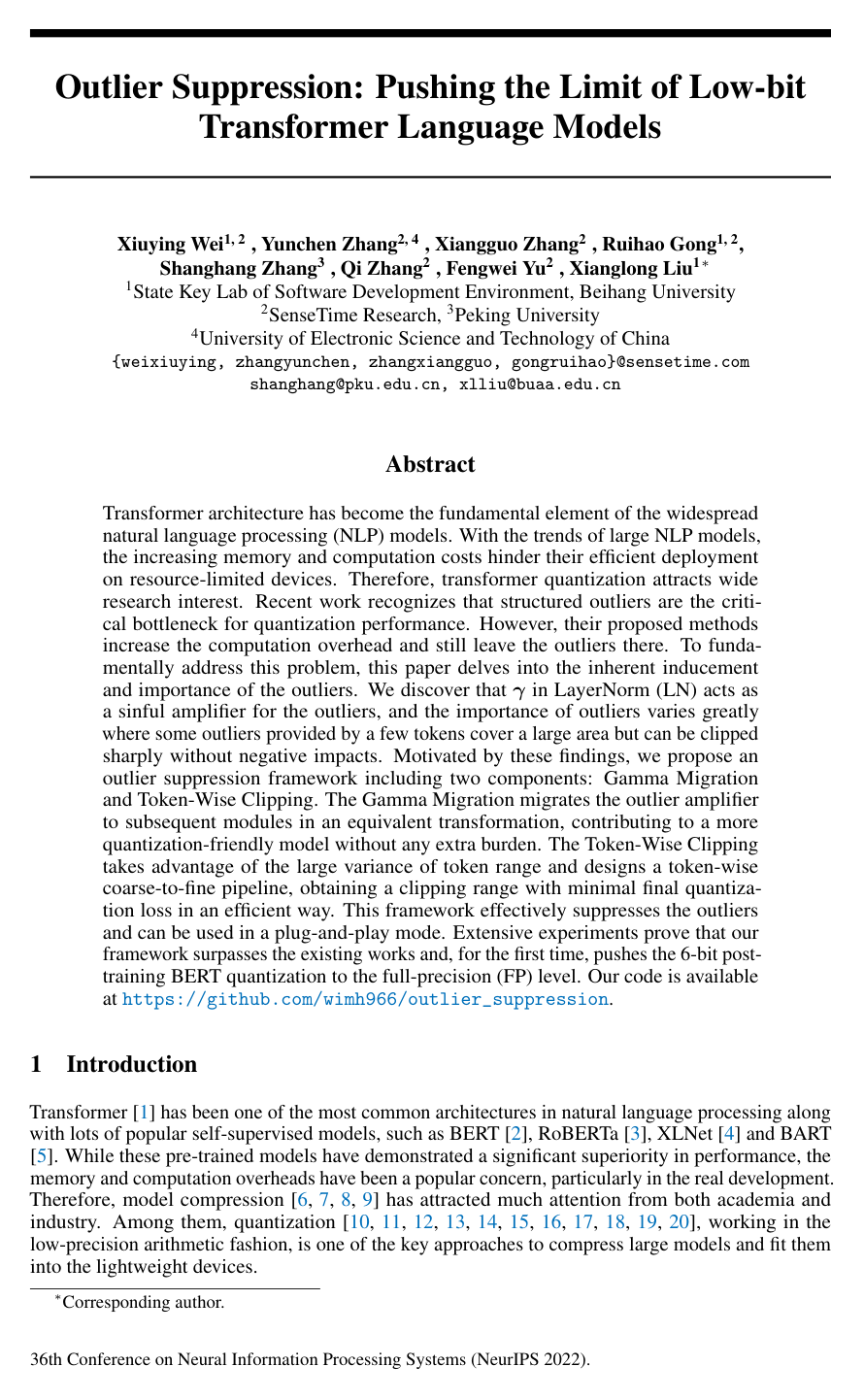 Outlier Suppression: Pushing the Limit of Low-bit Transformer Language Models